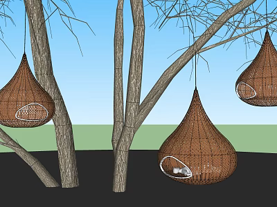 Woven Teardrop Hanging Chairs Under Trees With Outdoor Cushions And Natural Design 3d model