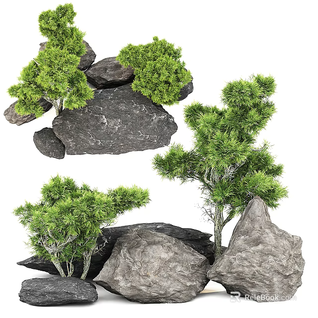Natural Stone and Wood Decor Elements with Green Trees for Landscaping Design 3d model