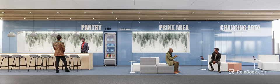 Modern Office Pantry Space With Beverage Fridge Sofa And Plant Artwork 3d model