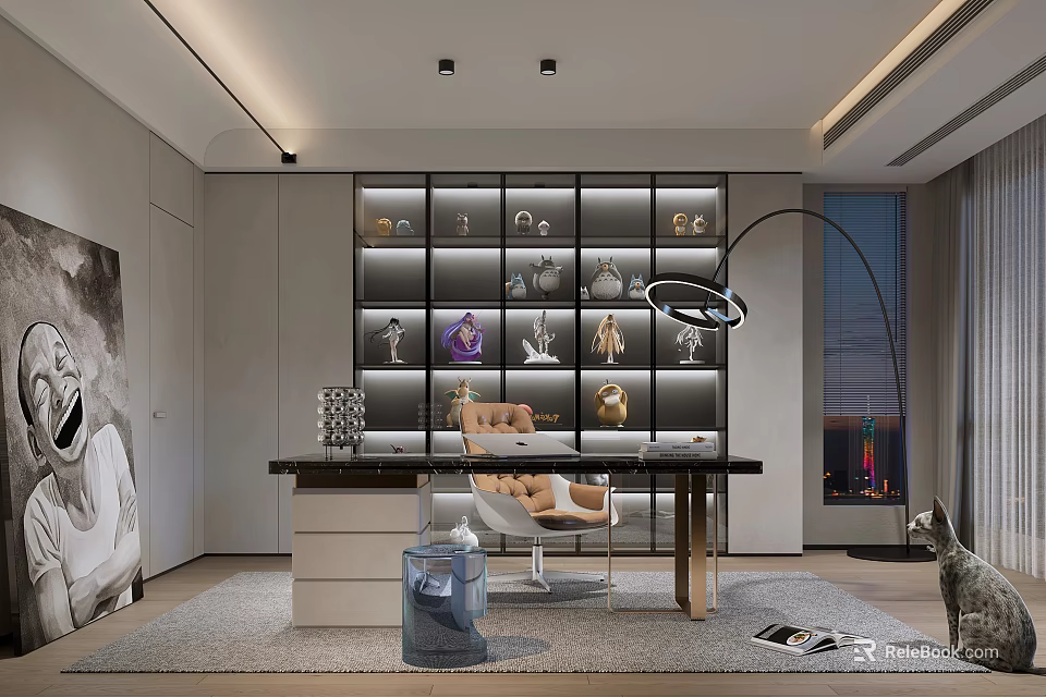 Modern Elegant Study Room Interior With Glass Shelves Decorative Figurines And Arc Floor Lamp 3d model 