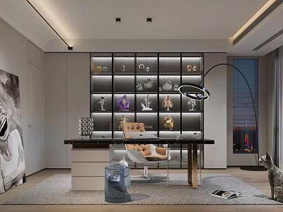 Modern Elegant Study Room Interior With Glass Shelves Decorative Figurines And Arc Floor Lamp 3d model