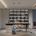 Modern Elegant Study Room Interior With Glass Shelves Decorative Figurines And Arc Floor Lamp
