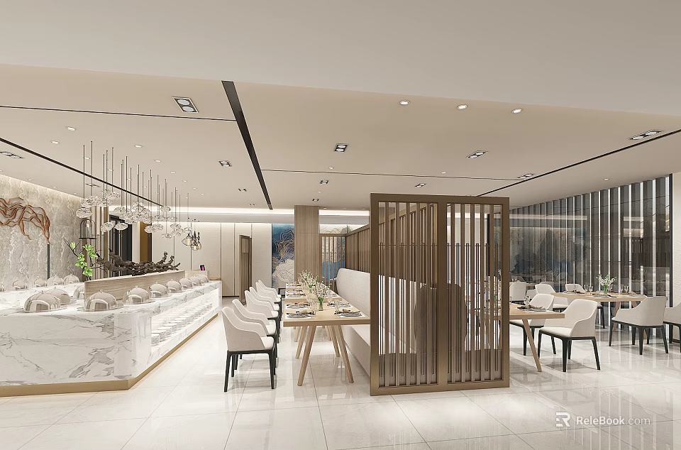 Modern Restaurant Interior With Wooden Partition Dining Tables Marble Countertop White Chairs And Pendant Lights 3d model 