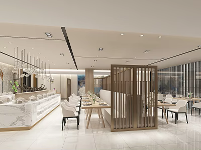 Modern Restaurant Interior With Wooden Partition Dining Tables Marble Countertop White Chairs And Pendant Lights 3d model