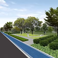 Modern Residential Landscape with Curved Pathway Lush Green Lawn Trees and Water Feature