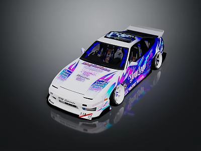 White Sporty Racing Car With Colorful Decals And Rear Spoiler Design 3d model