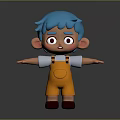 3D Cartoon Game And Movie Character With Blue Hair Big Eyes Orange Overalls White T shirt