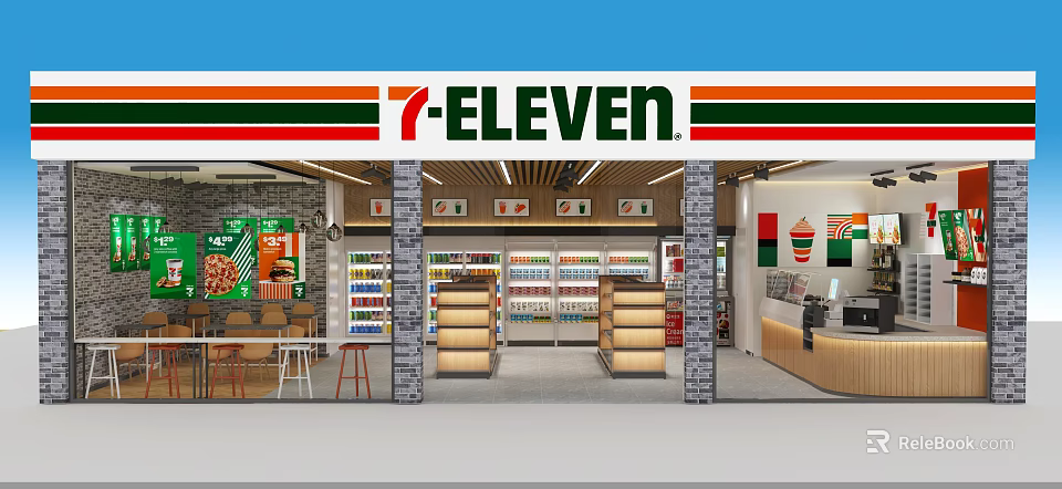 7 Eleven Convenience Store Bright Interior With Shelves Drinks Snacks And Tables Chairs 3d model 