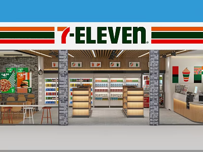 7 Eleven Convenience Store Bright Interior With Shelves Drinks Snacks And Tables Chairs 3d model