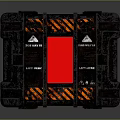 Industrial Storage Crate With Red Panel Black Exterior Orange Warning Stripes And Lift Here Labels