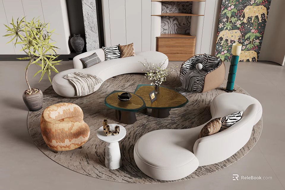 Irregular Shaped White Sofa In Modern Living Room With Throw Pillows Coffee Table And Plant 3d model 