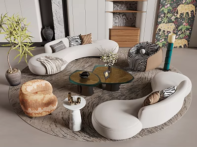 Irregular Shaped White Sofa In Modern Living Room With Throw Pillows Coffee Table And Plant 3d model