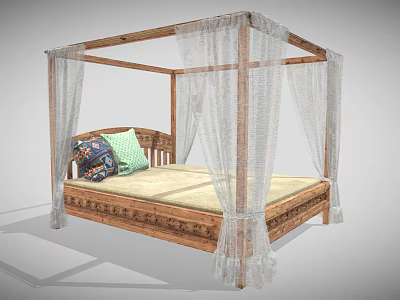 Wooden Four Poster Double Bed With Carved Frame White Canopy And Colorful Pillows 3d model