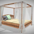 Wooden Four Poster Double Bed With Carved Frame White Canopy And Colorful Pillows