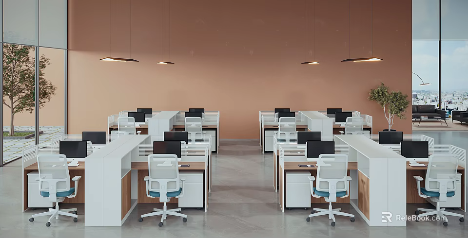 Modern Public Office Space Design With Open Workstations Computers Ergonomic Chairs And Hanging Lights 3d model