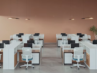 Modern Public Office Space Design With Open Workstations Computers Ergonomic Chairs And Hanging Lights 3d model