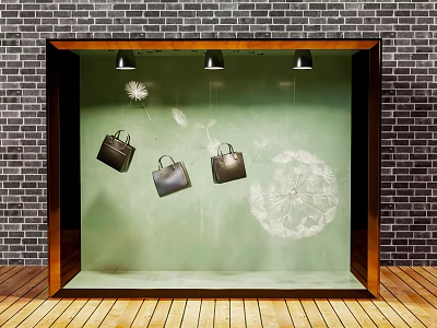 Shop Window Display with Handbags Dandelion Green Background Brick Wall Wooden Floor 3d model