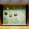 Shop Window Display with Handbags Dandelion Green Background Brick Wall Wooden Floor