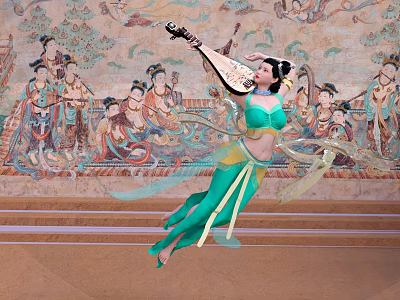 Woman in Green Traditional Costume Dancing with Pipa in Front of Dunhuang Murals 3d model