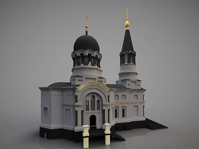 Elegant European Architecture With Twin Towers Black Dome Golden Crosses Arched Doorway And Ornate Windows 3d model