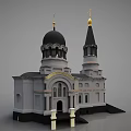 Elegant European Architecture With Twin Towers Black Dome Golden Crosses Arched Doorway And Ornate Windows