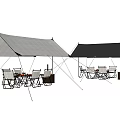 Outdoor Camping Tents With Gray And Black Canopies And Seating Furniture