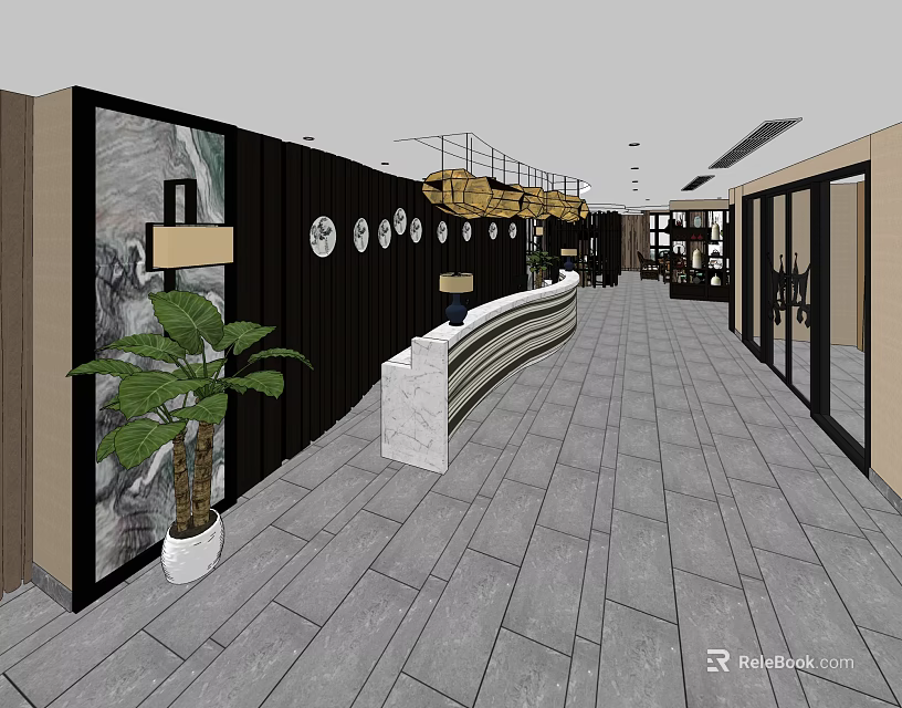 Modern Shop Front Desk Design With Curved Counter Green Plant And Wall Decor 3d model 