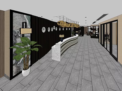 Modern Shop Front Desk Design With Curved Counter Green Plant And Wall Decor 3d model