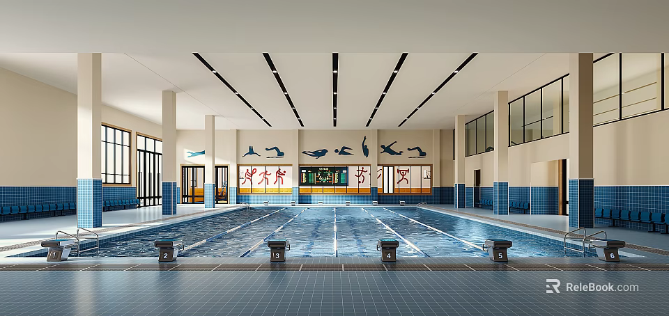 Modern Indoor Swimming Pool Interior With Blue Water Tile Floor And Large Windows 3d model 