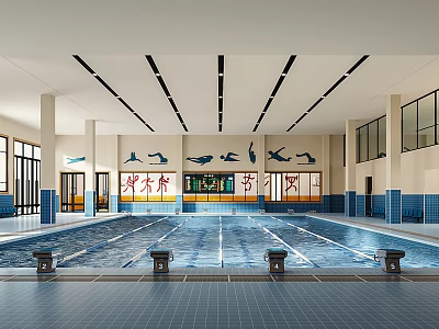 Modern Indoor Swimming Pool Interior With Blue Water Tile Floor And Large Windows 3d model