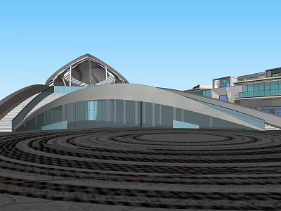 Modern Architectural Building With Unique Geometric Roof Circular Plaza Glass Facade Steps Under Blue Sky 3d model