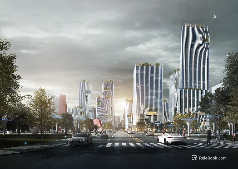 Modern Urban Cityscape With Tall Skyscrapers Street Cars Pedestrians And Cloudy Sky 3d model 