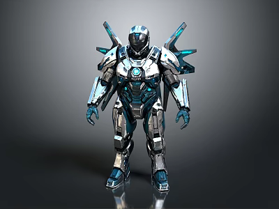 Futuristic Armored Mechanical Character With Silver Blue Armor And Back Thrusters 3d model