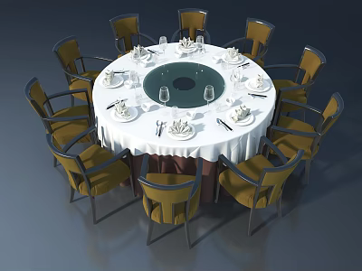 Round Dining Table With White Tablecloth And Yellow Chairs Setup 3d model