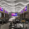 Elegant Banquet Hall Featuring Wavy Ceiling Design Large Screen And Dining Tables With Floral Centerpieces