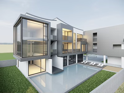Modern Detached Villa with Large Glass Windows Swimming Pool and Lawn 3d model