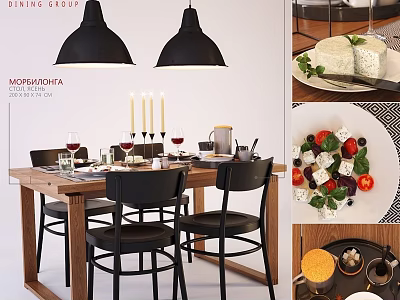 Modern Wooden Dining Table and Chairs with Wine Glasses Candles and Tableware 3d model