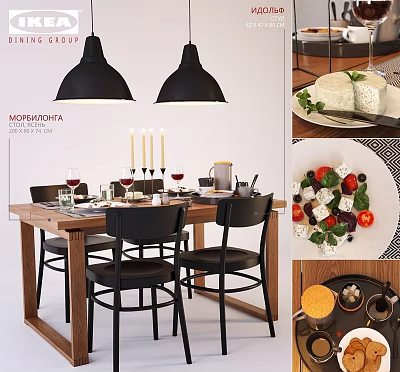 Modern Wooden Dining Table and Chairs with Wine Glasses Candles and Tableware 3d model