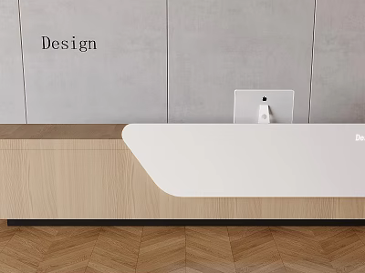 Modern Reception Desk Design With White Countertop Wooden Cabinet Stone Wall And Herringbone Wooden Floor 3d model