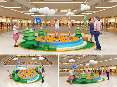 Mall Indoor Children Play Area With Colorful Circular Platform Tree Decorations And White Ball Lights 3d model