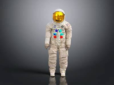 Human Astronaut In White Spacesuit With Gold Helmet And Colorful Buttons Against Gray Gradient Background 3d model