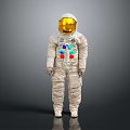 Human Astronaut In White Spacesuit With Gold Helmet And Colorful Buttons Against Gray Gradient Background