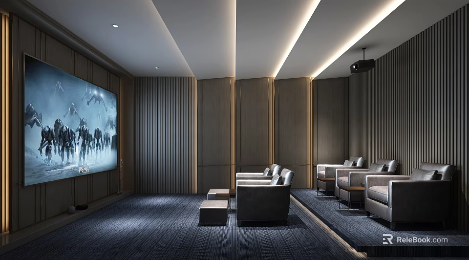 Modern Home Theater Interior With Large Screen Wooden Walls Gray Sofas And Ceiling Light Strips 3d model 