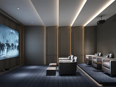 Modern Home Theater Interior With Large Screen Wooden Walls Gray Sofas And Ceiling Light Strips 3d model
