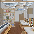 School Art Classroom Featuring Children's Drawings Wooden Tables Hanging Lamps And Benches