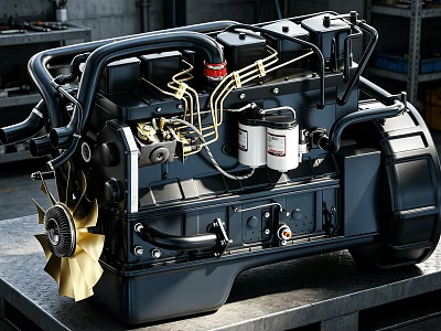 Industrial Black Engine With Fan Pipes And Filters In Workshop Setting 3d model