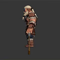 White Haired Warrior with Blue Facial Markings Fur Outfit Holding Dual Axes Standing