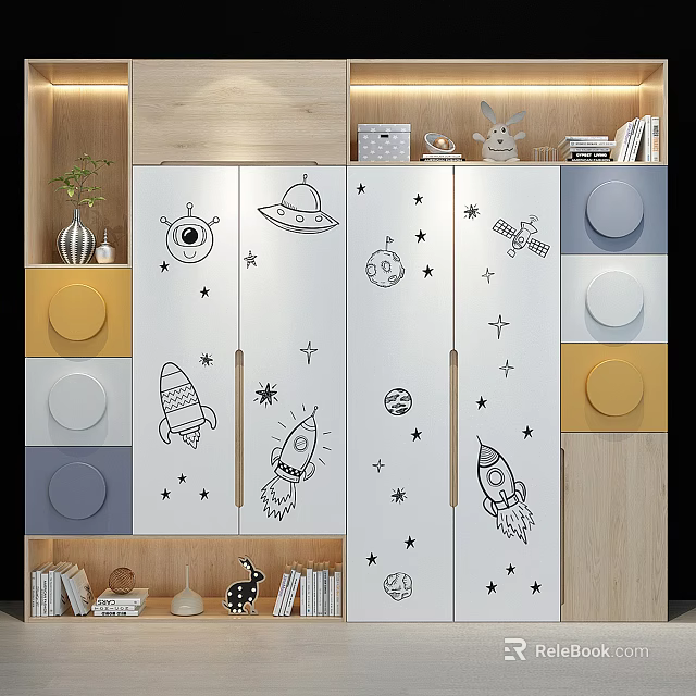 Space Themed Storage Cabinet Rack With Rocket Star Planet Patterns And Circular Accents 3d model