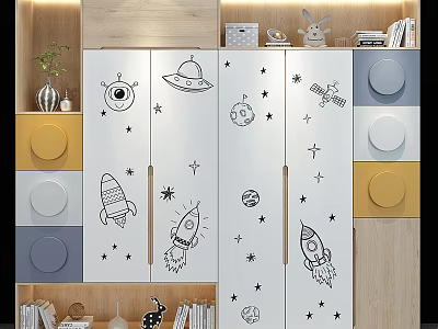 Space Themed Storage Cabinet Rack With Rocket Star Planet Patterns And Circular Accents 3d model