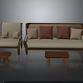 Elegant Living Room Furniture Set With Beige Sofa Armchair Red Pillows And Wooden Coffee Table